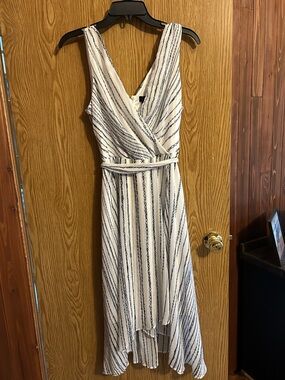 DKNY White and Navy Striped High-Low Dress